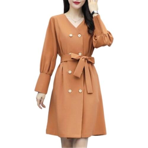 OL New Womens Dress Spring Autumn Double Breasted Plus Size Female Dresses With Belt Long Sleeve Slim V-Neck Femme Vestido N726
