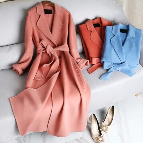 High Quality Autumn Winter Women Real 90% Double-Sided Woolen Coats With Belt Loose Elegant Office Long Wool Jackets Female Tops