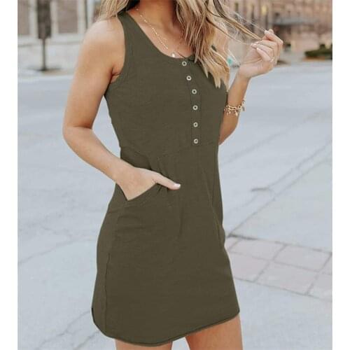 Thorn Tree 2021 Solid Color Summer Dress Women O-neck Sleeveless Dress With Pockets Buttons Loose Causal Short Mini Tank Dresses