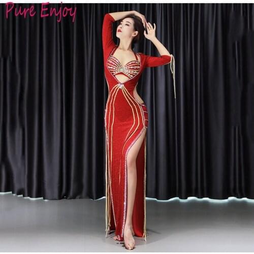 2019 New Women Belly Dance Costume Robe Autumn dance suit Luxury diamond Bra+Robe 2pcs dance Costumes suit