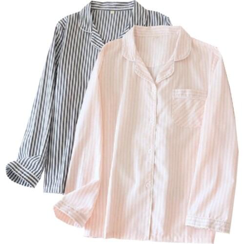 2021 Spring Fall Couples Pajamas Set Soft Loose Cotton Gauze Striped Homewear Plus Size Simple Style Full Sleeve Lover Sleepwear