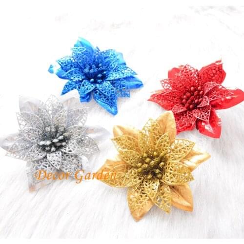 4colors 12CM For christmas decoration artificial plastic flowers Xmas poinsettia flower heads gold dust powder silver red FCF12