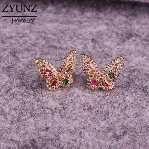 6 Pairs, Butterfly Colorful CZ Crystal Stud Earring Metal Fashion Jewelry Luxury For Women Girl Romantic Party Accessories Gifts