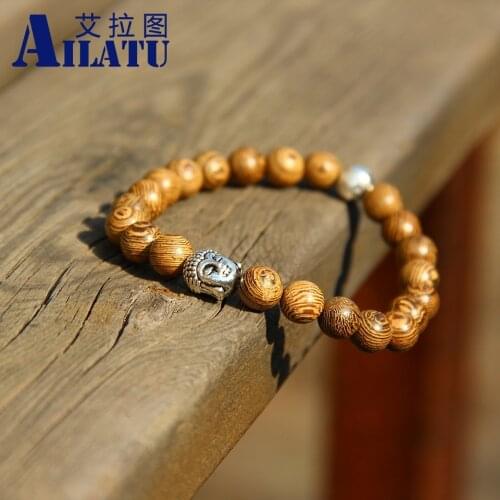 Ailatu Meaningful Buddhist Jewelry Natural Wood Prayer Mala Beads Buddha Head Bracelet
