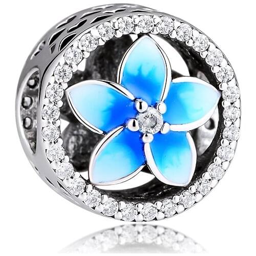 CKK Blue Flumeria Flower Charms 925 Sterling Silver Openwork Floral Beads for Jewelry Making Fits Pandora Bracelet Kralen