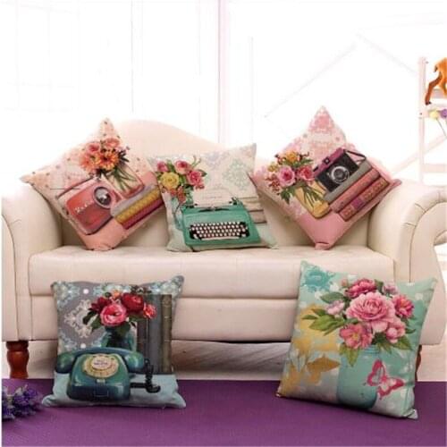 18" Vintage Telephone and Flowers Printed Sofa Car Square Decorative Throw Cushion Pillows Home Decor No Filling