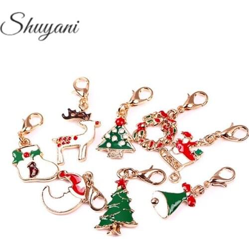 20pcs/lot Christmas dangle charms pendant mix gold colors alloy enamel Christmas charms with lobster clasp antique bronze charms