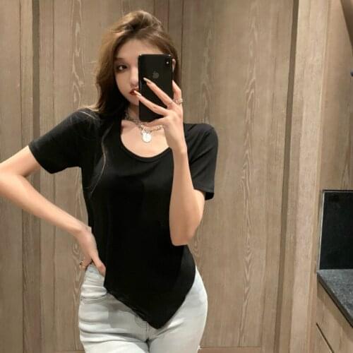Summer irregular Women T-shirt Short Sleeve Female Split fork Loose Sexy Tshirt Tops