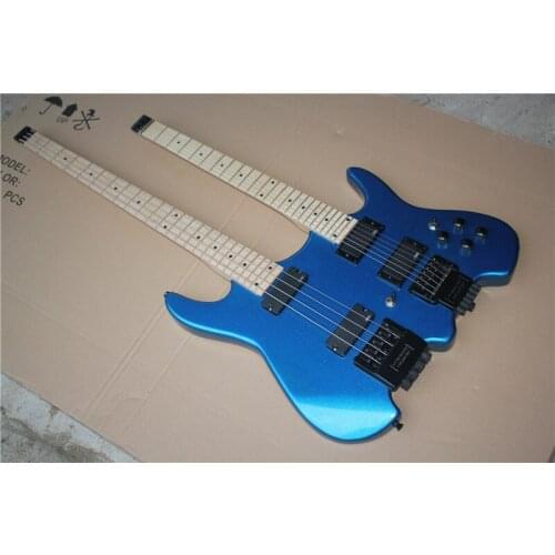 Classic custom double headless electric guitar plus bass,6 string electric guitar plus 4 string electric bass, metal blue body