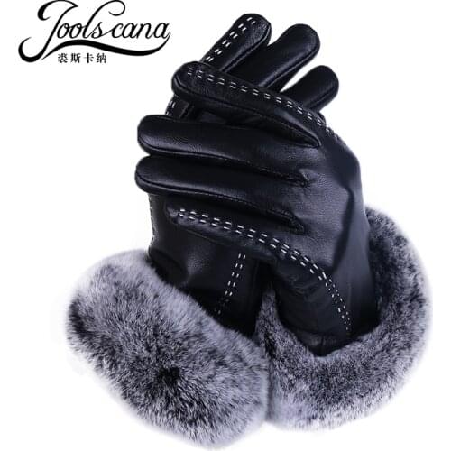 JOOLSCAN leather gloves women fashion gloves genuine leather glove winter rabbit fur wrist touch screen black winter mitten