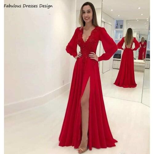 Red Long Sleeve Sequined Prom Dresses 2021 Applique Lace V Neck Split A Line Long فساتين السهرة Evening Dress Party For Women