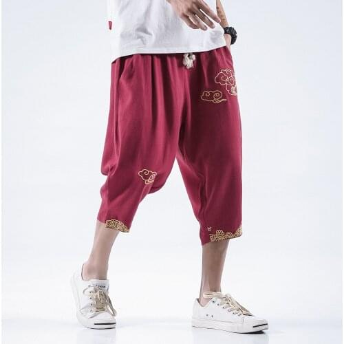 Linen Men Sweatpant Embroidery Loose Quickly Dry Running Jogging Fitness Athletic Leisure Yoga Trousers Sportswear Plus Size