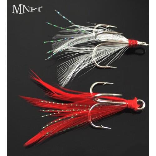 MNFT 10PCS 4#&6# Red And White Super Strong Tank Feathered Treble Hooks Insects Trap Bait Fish Fly Lure