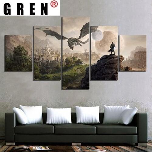 GREN Home Decor Modular Canvas Picture 5 Piece Elder Scrolls 4 Skyrim Game Painting Poster Wall For Home Canvas Painting