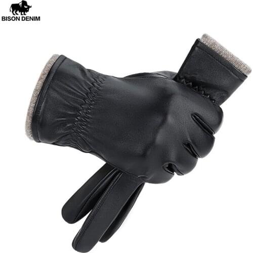 BISON DENIM Genuine Sheepskin Leather Winter Gloves Thicken Touch Screen Mens Gloves Windproof Waterproof Leather Gloves S056