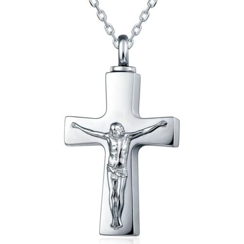 Stainless Steel Cremation Urn Ashes Holder Simple Cross Pendant Necklace Charm of Jesus Statue Memorial Jewelry