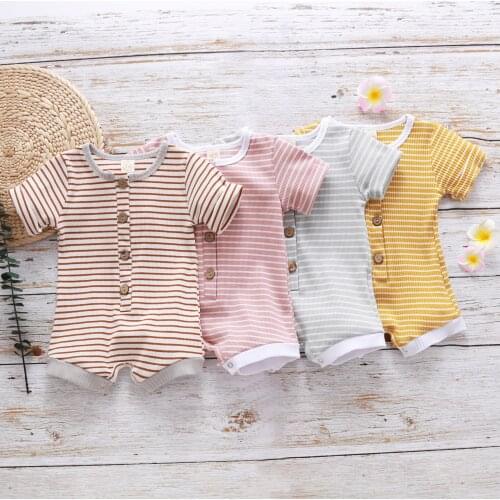 Newborn Infant Boys Girls Ribbed Striped Short Sleeves Romper Buttons Bodysuit Summer Jumpsuit Baby Clothes детская одежда 5