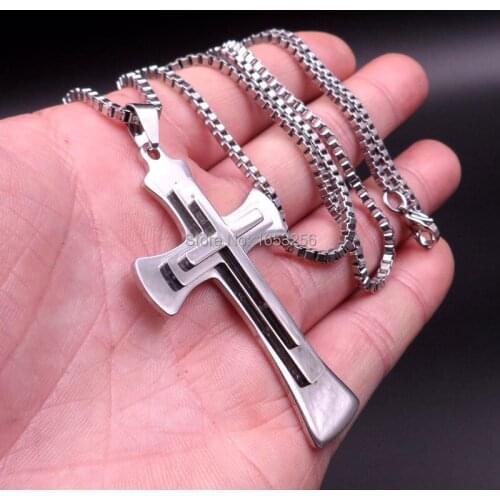On sale Pure Stainless Steel Large Three row Crucifix Cros Pendant Necklace + 2.4mm 24'' Box Chain For Men Jewelry