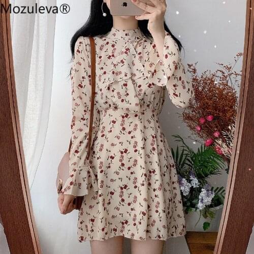 Mozuleva Elegant Stand Collar Ruffles High Waist Women Dress Short Dress Female Lace Up Floral Print Vestidos femme