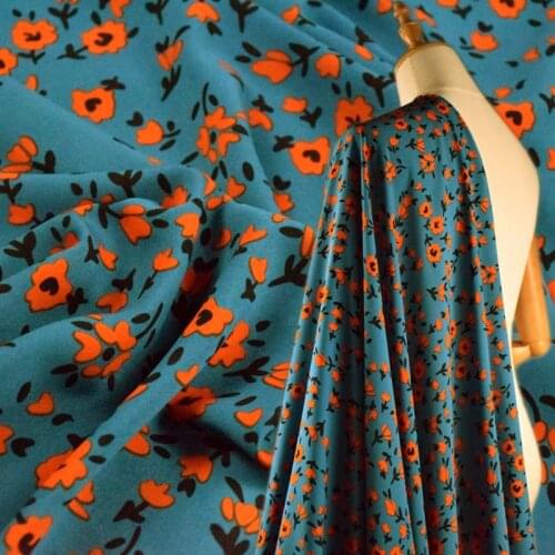 Half Meter Retro Blackish Green With Orange Little Flower Elastic Chiffon Fabric For Dress Shirt Cheongsam Soft Material CR-1212
