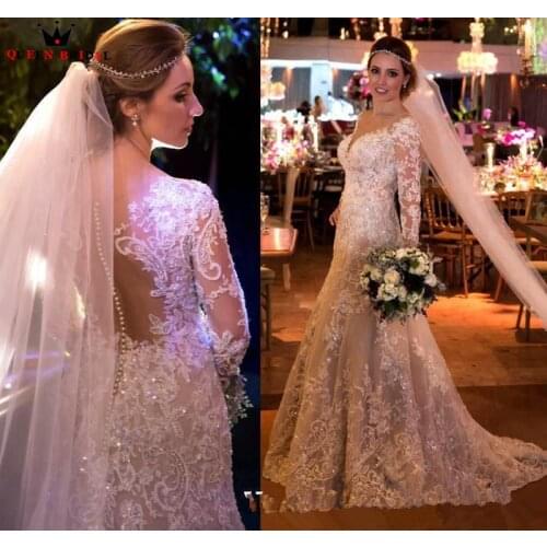 A line Long Sleeve Lace Beaded Sequins Luxury Gorgeous Bride Wedding Dresses 2021 New Fashion Wedding Gowns Custom Made YB38