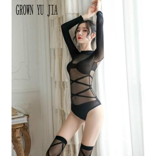 Sexy Transparent Long Sleeve Bodysuits Erotic Teddies Lingerie Intimate Perspective Hot Bab Ydoll Porno Catsuit Stockings Set