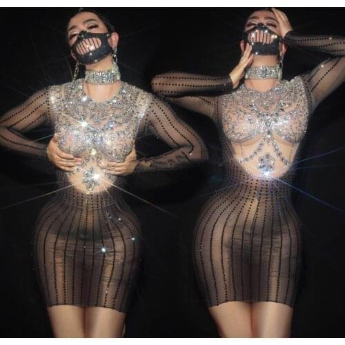 Sexy women birthday celebraty dresses Crystals shinning evening dress nightclub bar singer dance costume