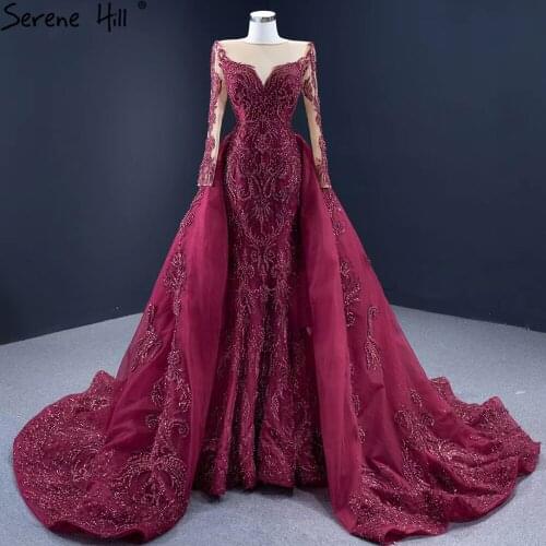 Serene Hill Muslim Burgundy With Train Wedding Dress 2021 Mermaid Beading Luxury Elegant Bridal Gown Custom Made CHM67250