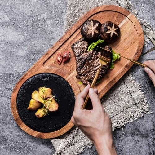 Natural Wood Steak Serving Plates With Slate Stone Charcuterie Board Sushi Dessert Plate BBQ Grill Meat Fish Food Serving Tray