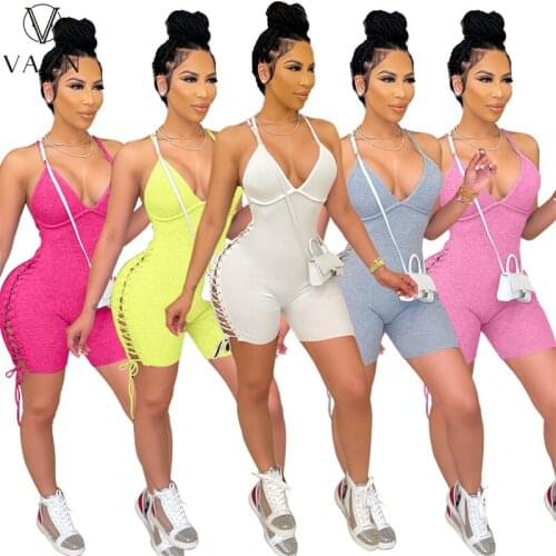 VAZN 2021 New Sleeveless Deep V-neck Playsuits Solid Young Sexy Soft Fancy High Street High Waist Women Playsuits