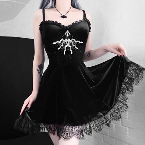 Vintage Velvet Black Lace Patchwork Mini Dress Gothic Women Sexy Spaghetti Straps High Waist A Line Party Dresses Streetwear