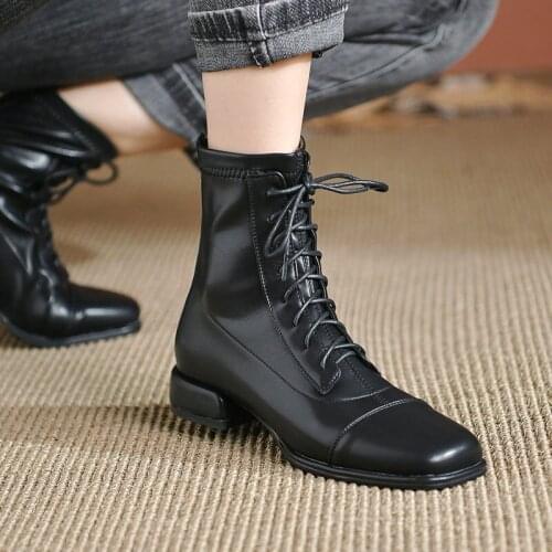 2021 Autumn Lacing Woman Boots Pu Leather Low Heel Ankle Boots Fashion Square Toe Zipper Women Boots Shoes Big Size 41 42 43