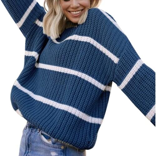 2021 Classic Fashion Women Round Neck Sweaters Casual Long Sleeve Striped Print Loose Cable Knit Tops