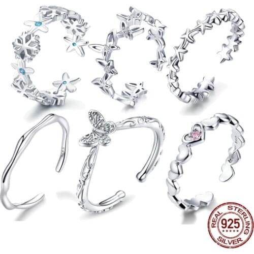 Rings BISAER 925 Sterling Silver Openwork Heart star Snowflake Butterfly Finger Rings For Women Fashion Wedding Jewelry Anel