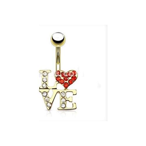 New Arrive LOVE Style Belly Bar with Gem 316L Surgical Steel RED Navel Bell Button Ring for Women Girl 12pcs/lot Free Shipping