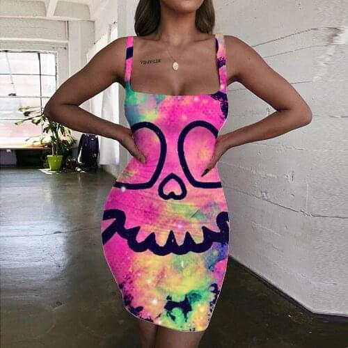 Giyu Brand Skull Dresses Women Skeleton Ladies Dresses Kawaii Vestido Sexy Colorful Halter Sleeveless Graffiti 3d Print