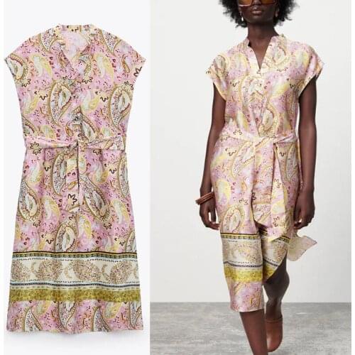 Summer Print Za Woman Dress 2021 Sleeveless Belted Long Side Slits Elegant Office Lady Female Dress Feminine Vintage Vestidos