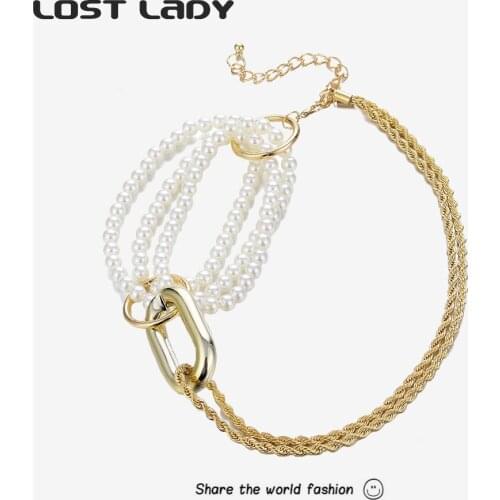 Lost Lady Luxury Multi Laps Simulated Pearl Necklaces Gold Color Chain Chocker Necklaces for Women Party Jewelry Accessories