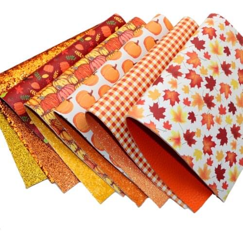 Double Sided Glitter Faux Leather Set Pumpkin Candy Printed Synthetic Leather Fabric for Halloween Thanksgiving Back to School