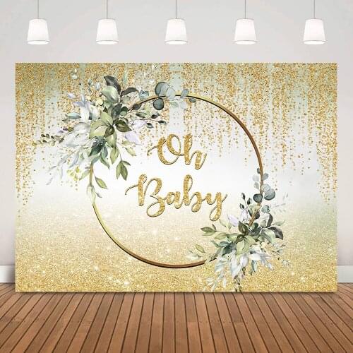 Oh Baby Party Background Studio Props Bokeh Gold Dots Newborn Birthday Backdrop Green Leaf Golden Ring Circle Baby Shower Decor
