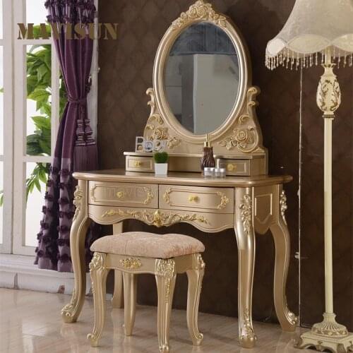 French Pastoral Princess Carved Dressing Table Set With Mirror And Stool Small Apartment Bedroom Luxury Golden Dressing Table