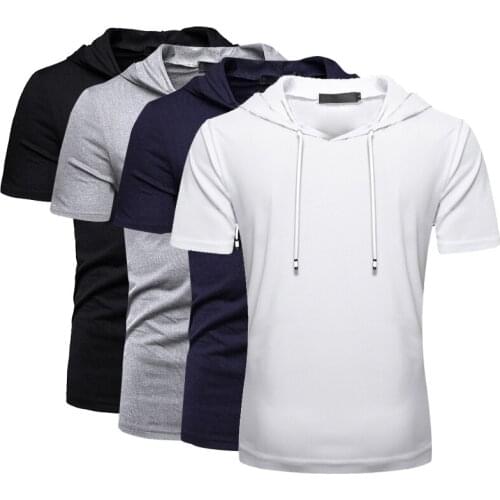 Fashion Mens T-shirts Hooded Summer Casual Solid Short Sleeve Tees Shirts Popular Hip Hop Streetwear High Quality Gym Tops Male