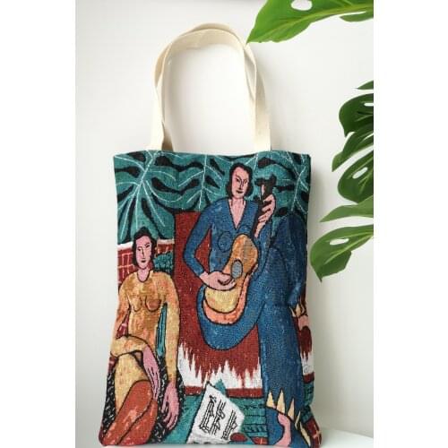 Guitar women cartoon image printing handbag creative eco bag ins tote bag 35X45cm illustration canvas bag jacquard shopping bag