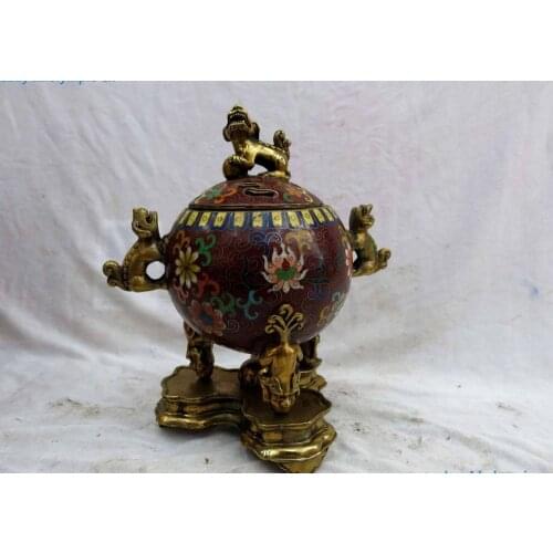 9" China bronze Cloisonne carved Six Foo Dogs Lion censer Incense burner Statue