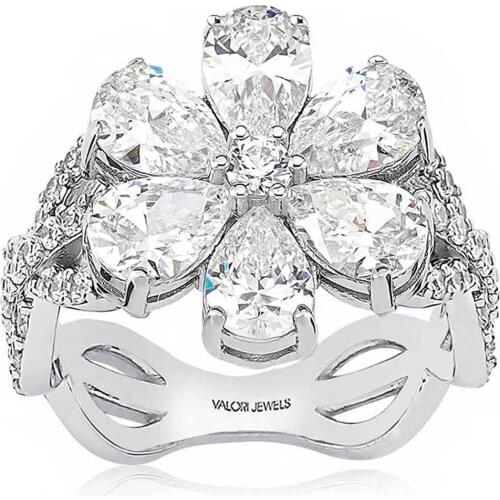 Valori Jewels Magnolia Flower Ring, 2 Ct Zircon White Pear Gemstone, Rhodium Plated, 925 Silver, Fine Jewelry