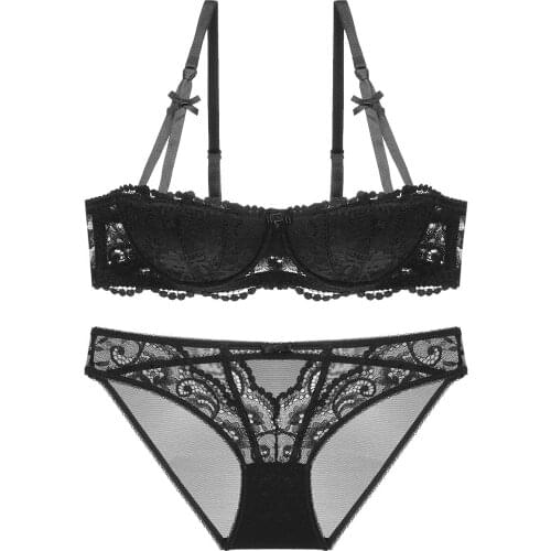 Varmiss New Sexy Black Lace Half Cup Thin Underwear Gather Women Bra Sets
