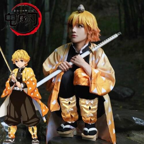 Japanese Anime Demon Slayer Kimetsu no Yaiba Agatsuma Zenitsu Cosplay Costume Mens Kimono Uniform Halloween Party Outfit Wig