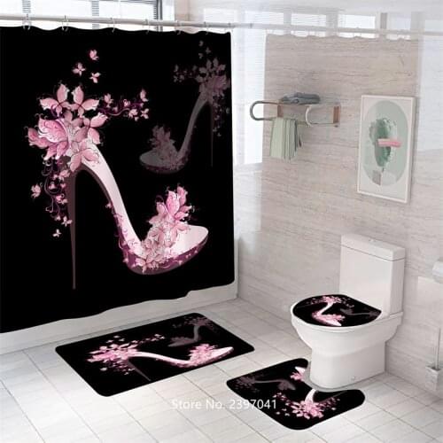 Beautiful Sexy Red High-heeled Shoes Bathroom Set Girl Pink Waterproof Mildew Shower Curtain Toilet Lid Non-slip Bath Blanket