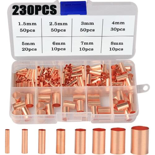 230Pcs 1.5-8mm Cold Pressed Copper Connecting Pipe Wire Joint Small Copper Tube Intermediate Joint Direct Connection