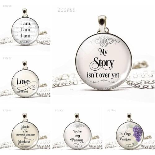 My Story Isn't Over Yet Inspirational Quote Fashion Necklace Motivational Literary Glass Cabochon Dome Jewelry Pendant Gift